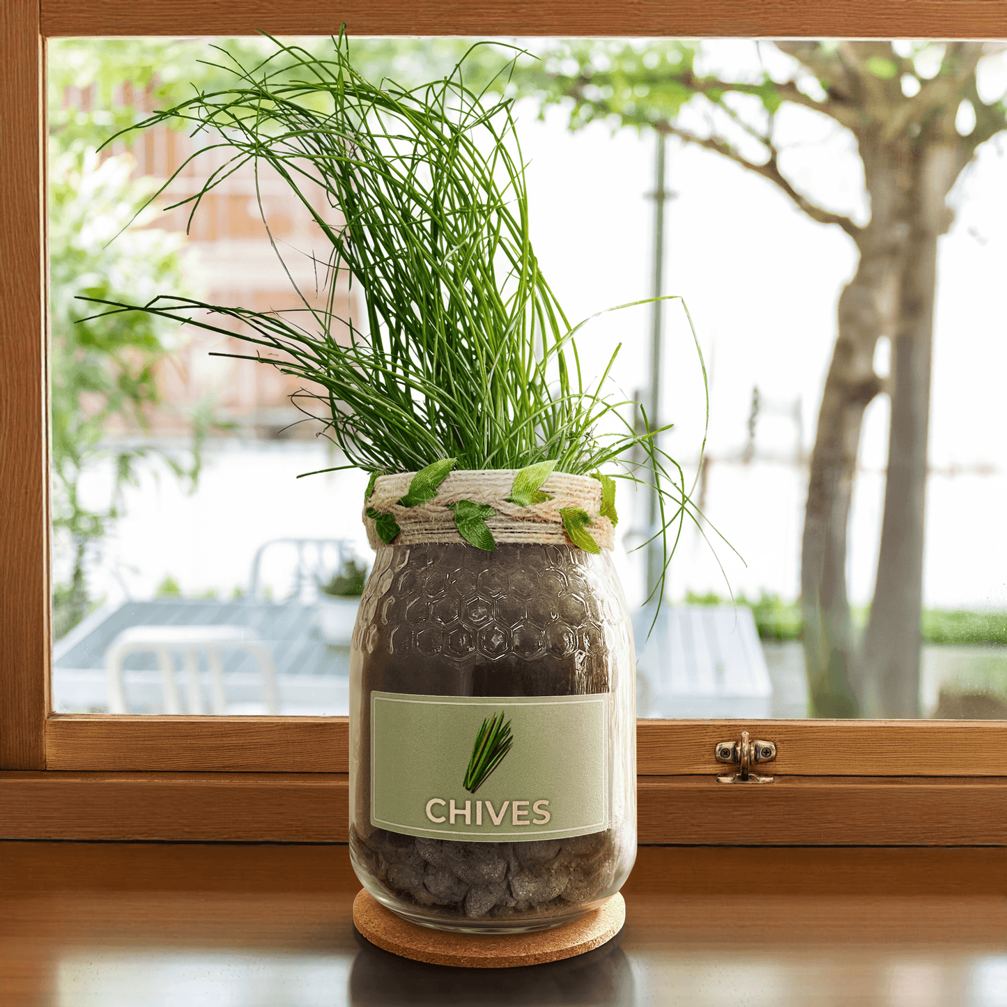 Indoor herb growing kit with chives growing in a glass jar planter, filled with compost, drainage pebbles, and vermiculite, placed on a sunny windowsill.