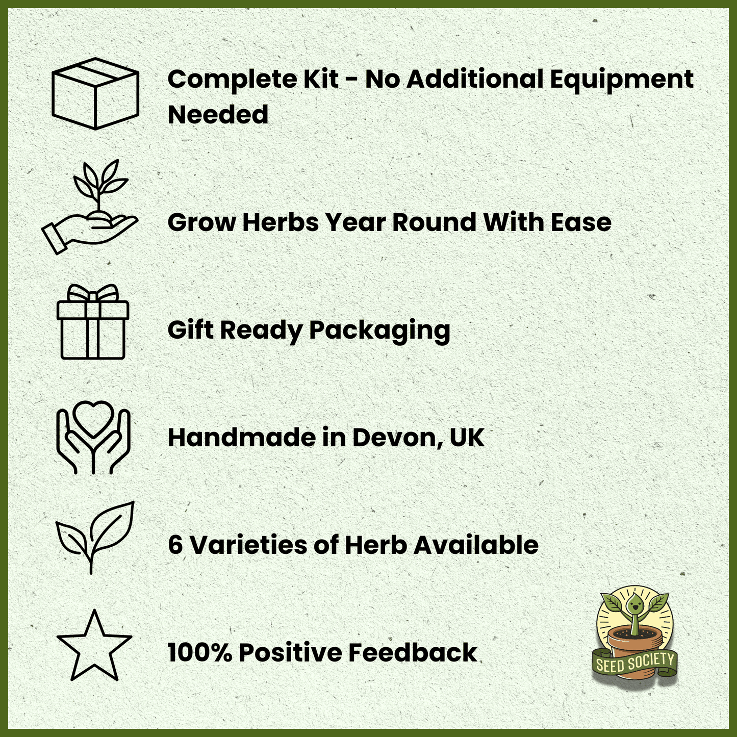 Feature list highlighting the benefits of an indoor herb growing kit with a glass jar planter, including six herb varieties, gift-ready packaging, handmade in Devon, UK, and complete with all equipment.