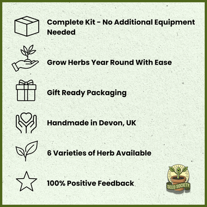 Feature list highlighting the benefits of an indoor herb growing kit with a glass jar planter, including six herb varieties, gift-ready packaging, handmade in Devon, UK, and complete with all equipment.