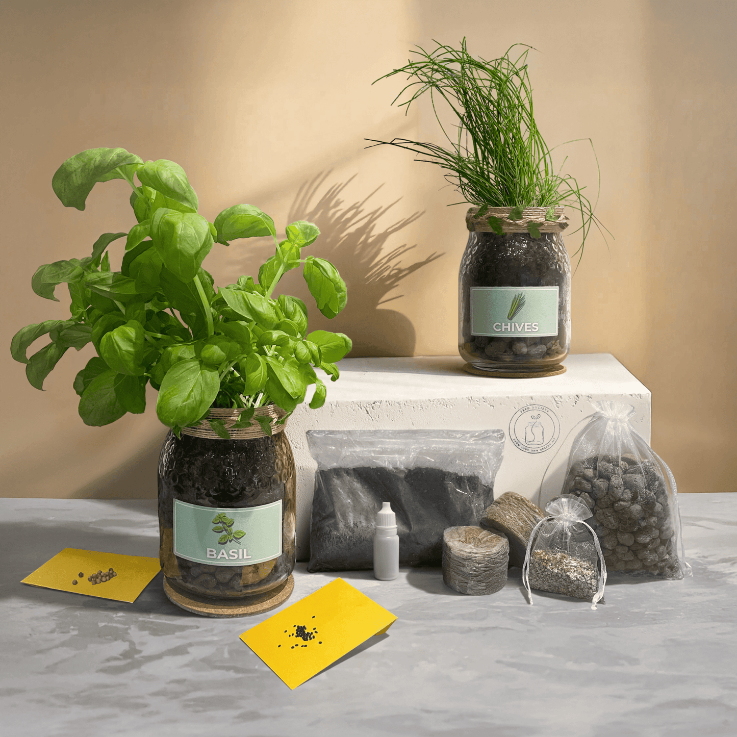 Indoor herb growing kit with glass jar planters, featuring fresh basil and chives, complete with herb seeds, soil, and growing accessories.