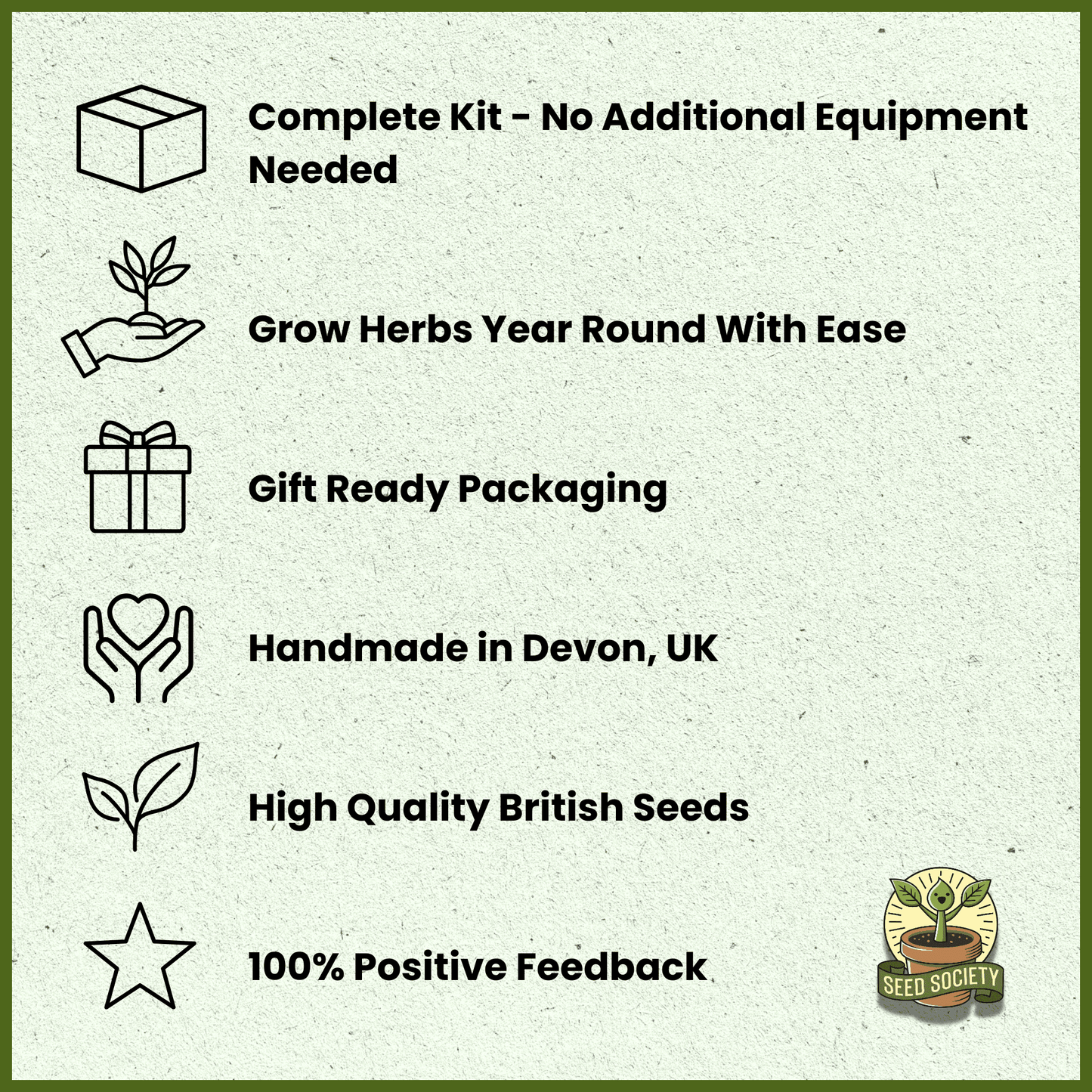 Feature list highlighting the benefits of a self-watering hydroponic herb growing kit, including complete set, year-round growing, gift-ready packaging, handmade in Devon, UK, with high-quality British seeds and positive customer feedback.